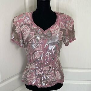 Oleg Cassini Black Tie silk Top size 8 pink embellished vintage